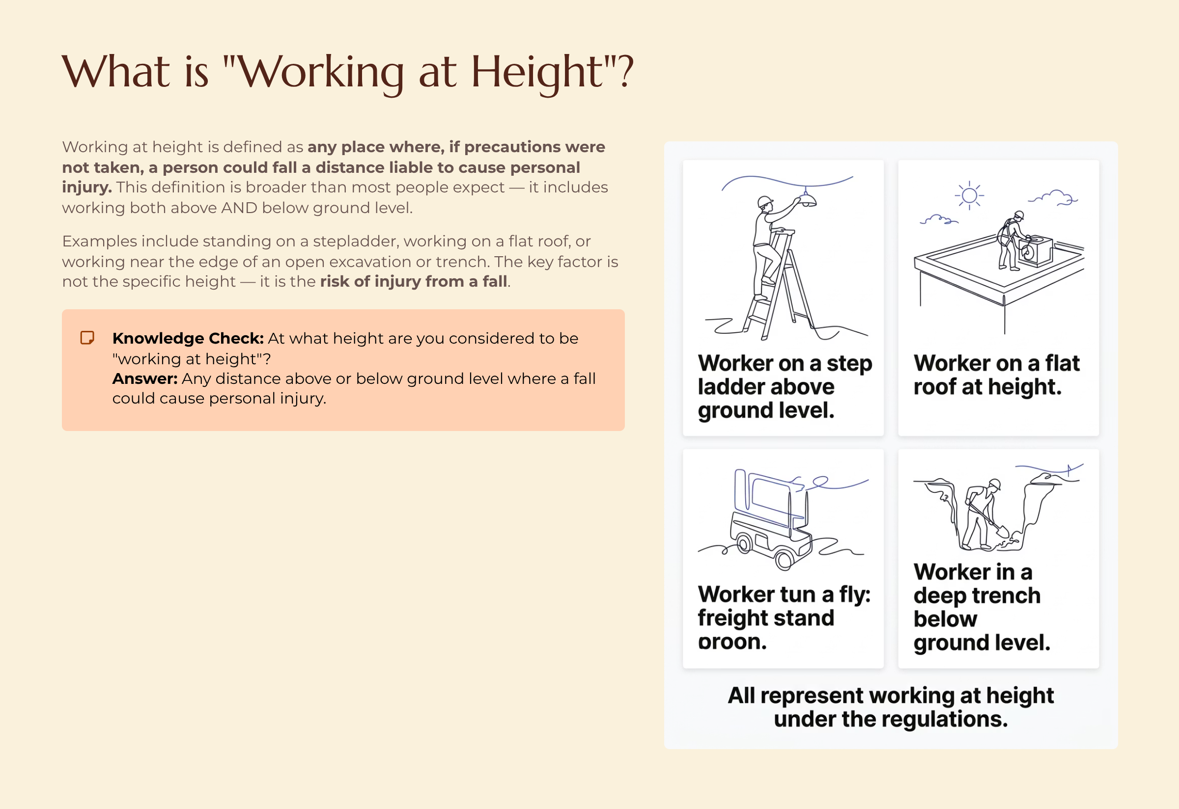 What is Working at Height: Any place where a person could fall and cause personal injury — including above and below ground level. Examples include stepladders, flat roofs, and excavations.